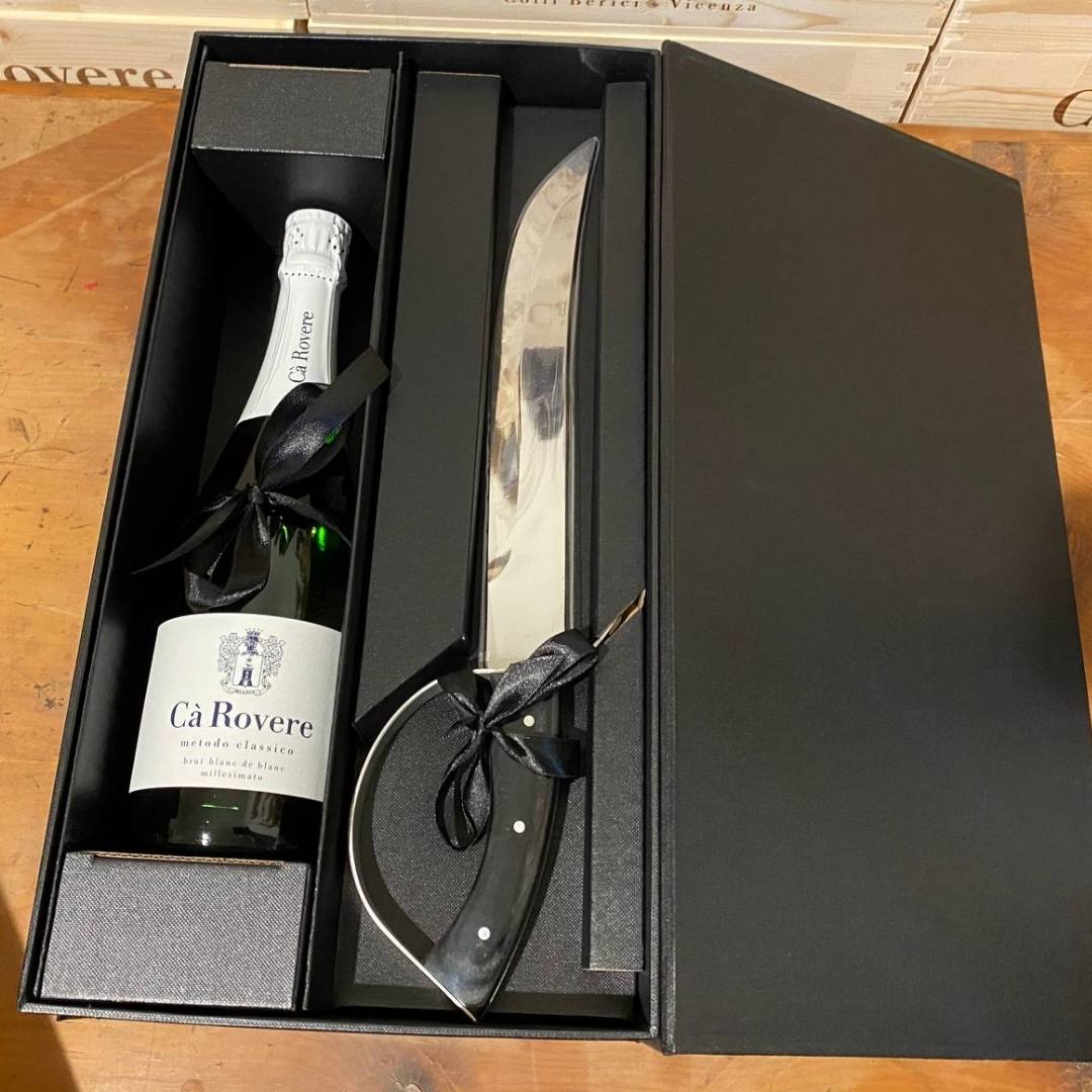 Sciabola per Champagne in cofanetto regalo di legno con bottiglia di  Cremant Champenoise Francia 75cl inclusa